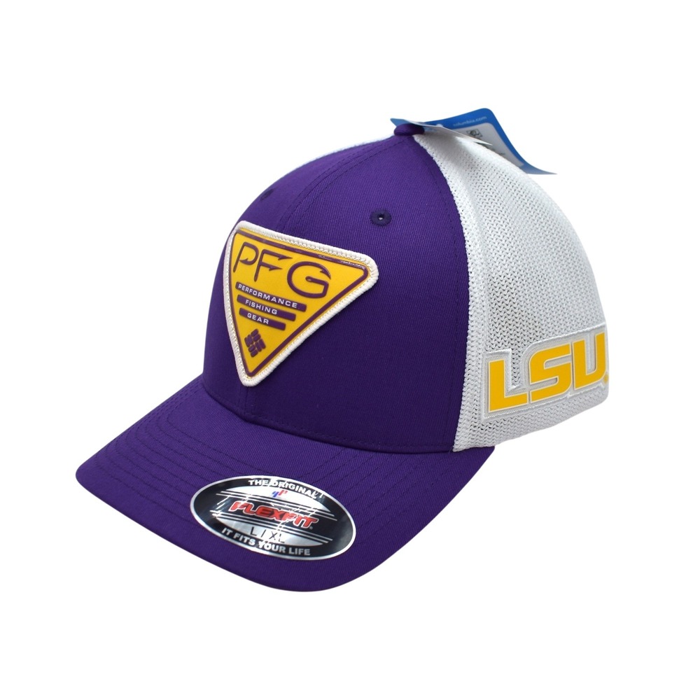 Columbia PFG LSU Tigers Mesh Flexfit Hat Cap L/XL Purple White NEW XU1057-518